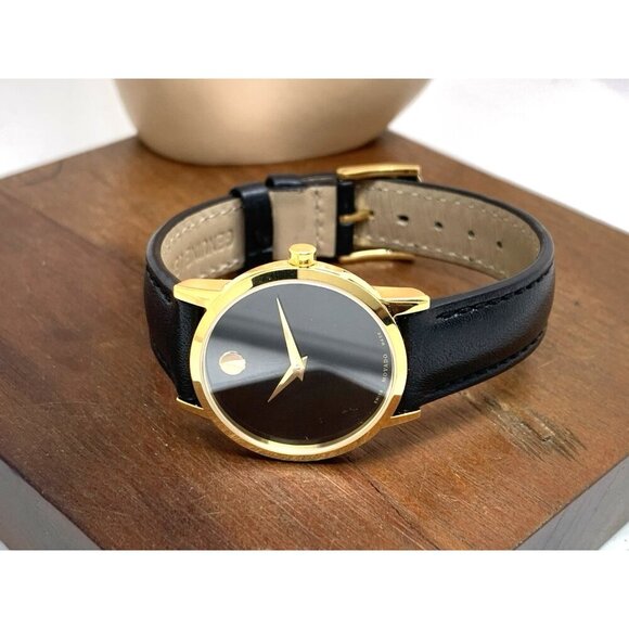 Movado Women\'s Watch 0607275 Swiss Quartz Gold Museum Black Dial Leather Band